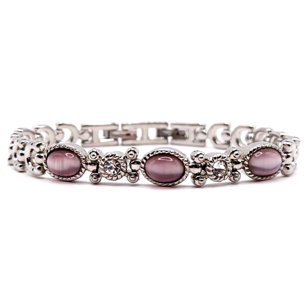 Pink Cat Eye CZ Bracelet 6.5-7in Silver